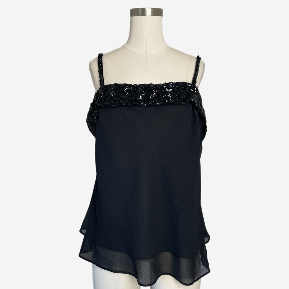 R&M Richards Black double layered chiffon black sequin trim square neck cami L